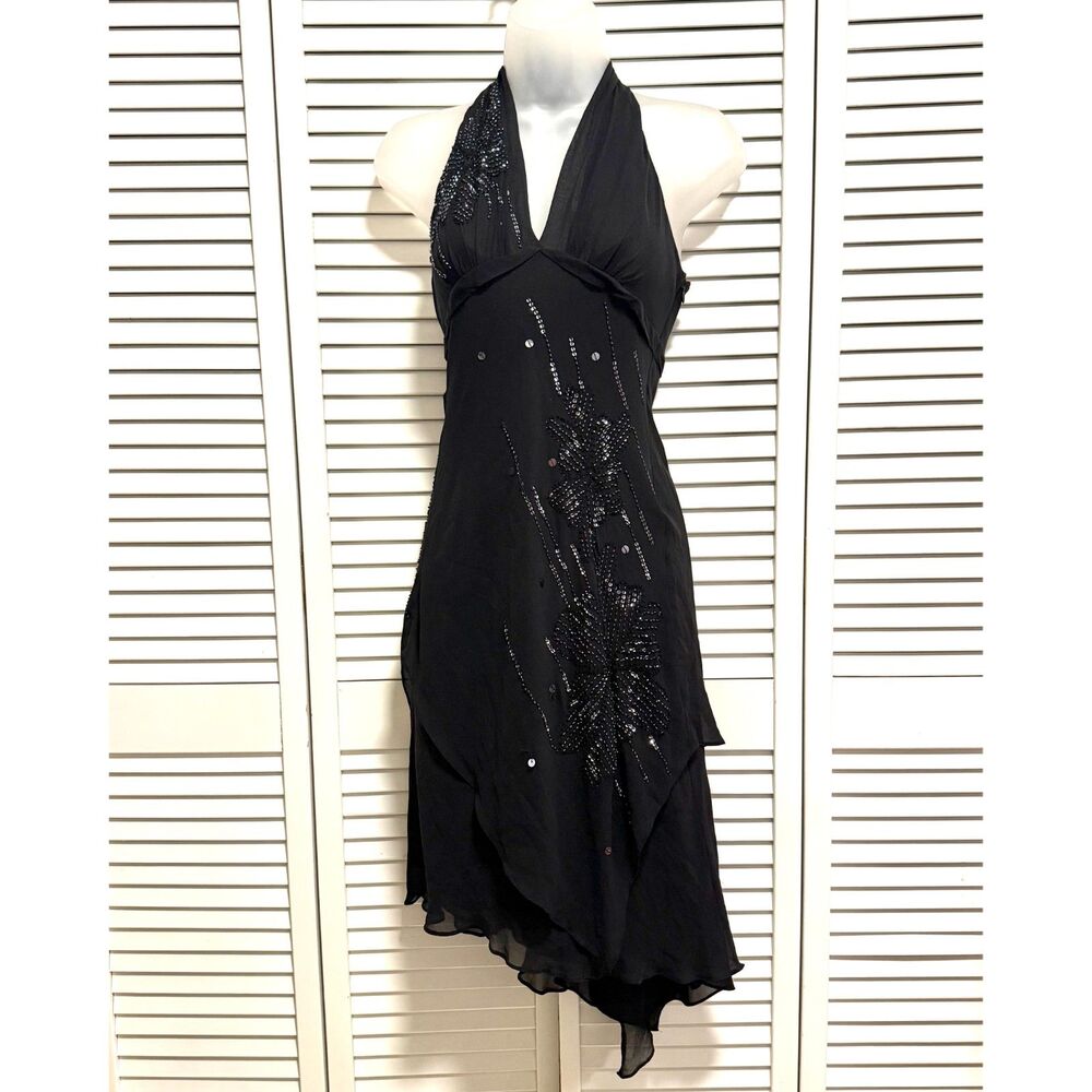 BCBGMaxAzria black Asymmetrical beaded sequin halter dress size 4